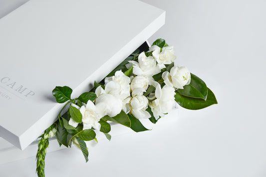 White luxury floral gift box with white flowers