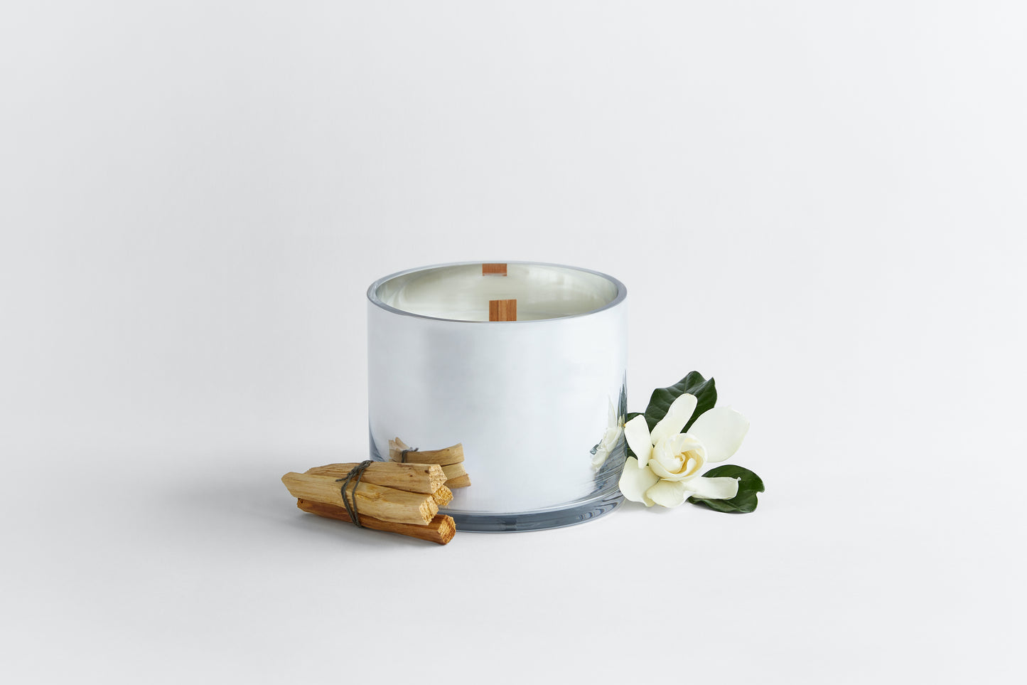 Large wide wick silver candle and palo santo